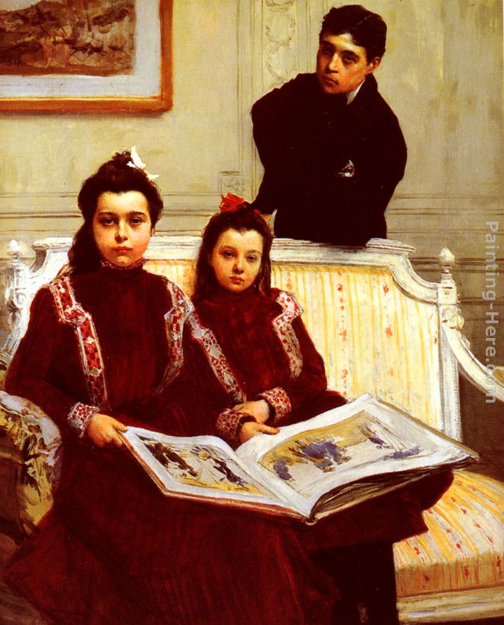 Family Portrait of a Boy and his two Sisters admiring a Sketch Book painting - Francois Flameng Family Portrait of a Boy and his two Sisters admiring a Sketch Book art painting
